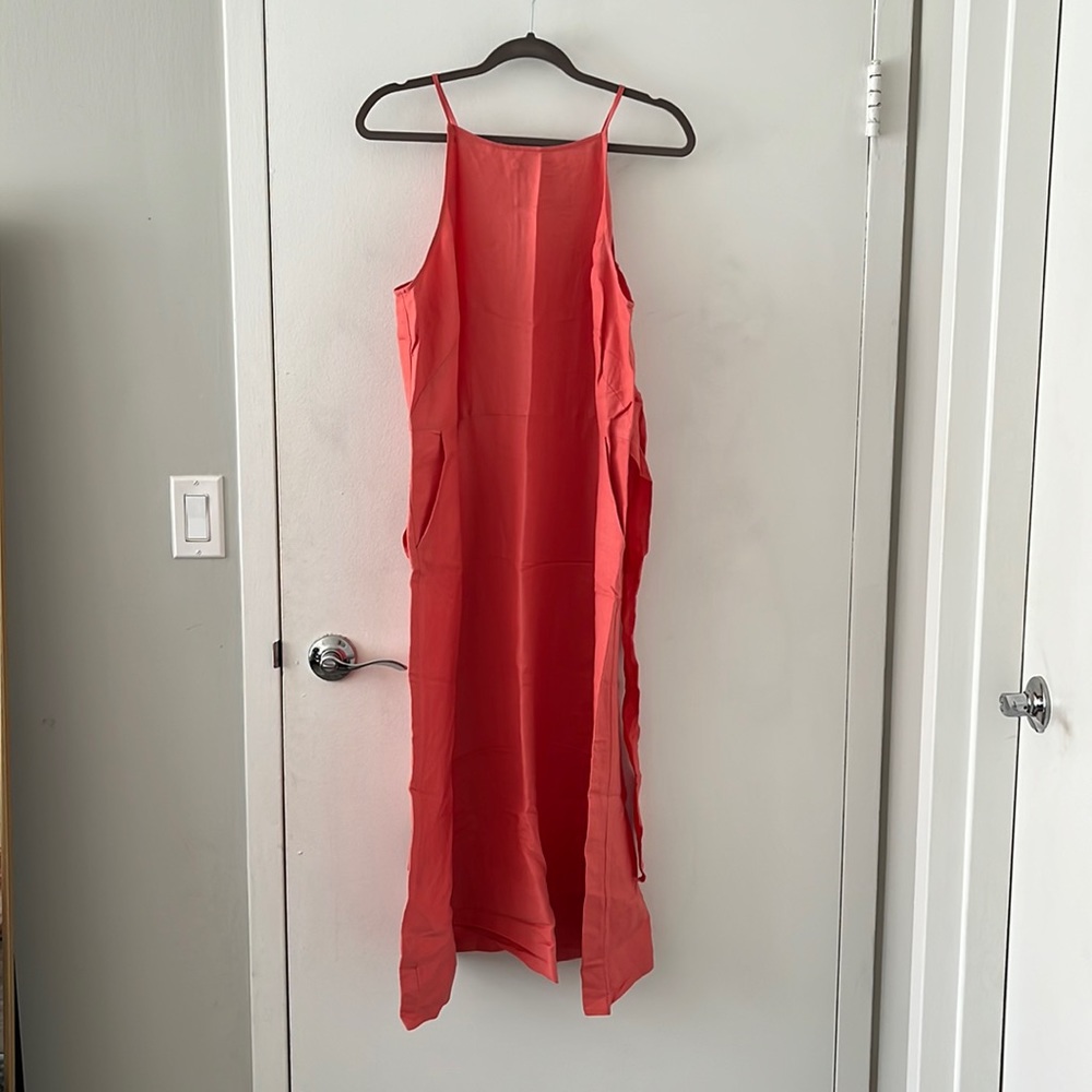 Loft peach (orangey pink) linen belted midi dress size 16